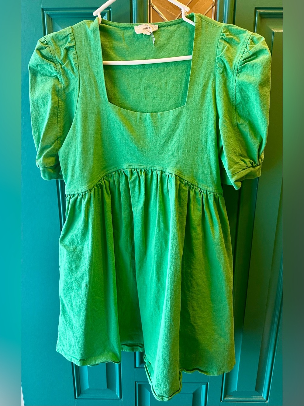 Entro Kelly Green Square Neck Puff Sleeve Babydoll Mini Dress Size Large